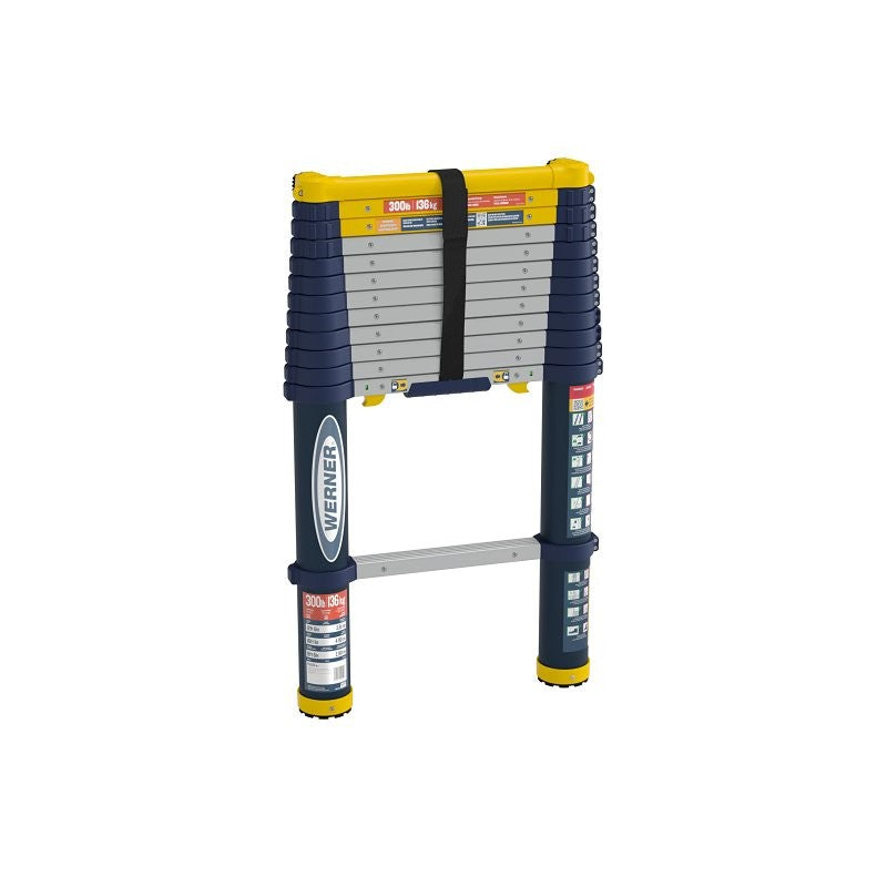 Werner TS1250 Telescoping Ladder, 300 lb, Aluminum, Blue/Yellow