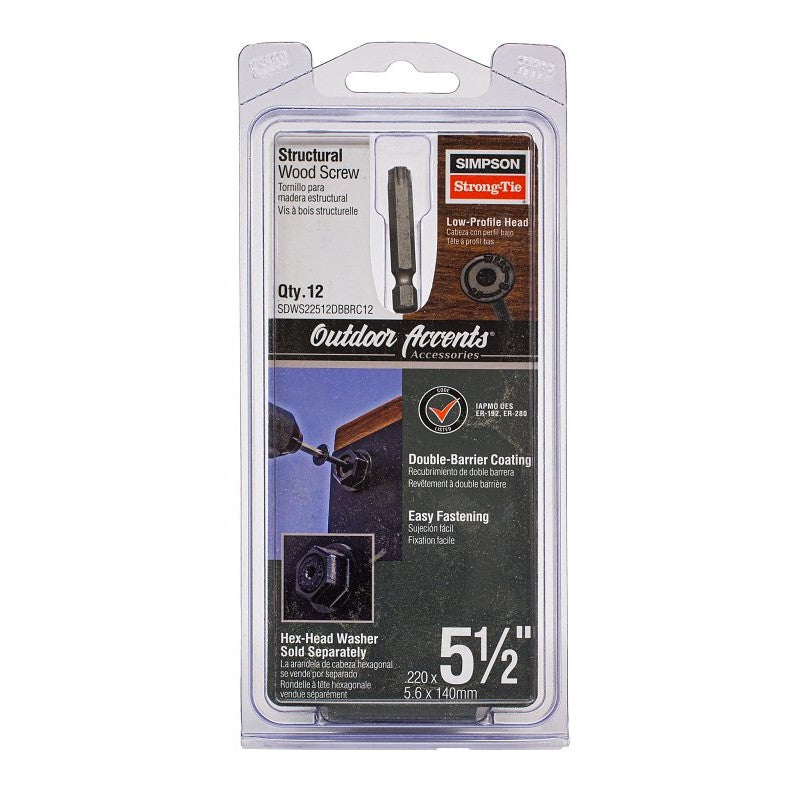 Simpson Strong-Tie Outdoor Accents SDWS SDWS22512DBB-RC12 Structural Screw, 5-1/2 in L, Low-Profile Head, 12 PK (Pack of 10)