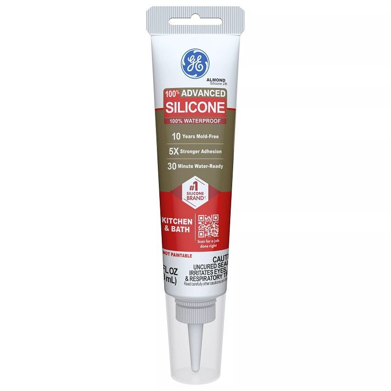 GE Advanced Silicone 2 2816708 Kitchen & Bath Sealant, Almond, 24 hr Curing, 2.8 fl-oz Squeeze Tube