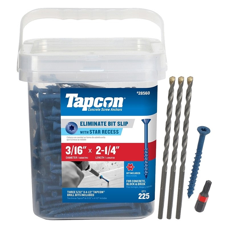 Tapcon 28560 Concrete Screw Anchor, T25 Screw, 3/16 in Dia, 2-1/4 in L, Steel, Climaseal, 225/PK