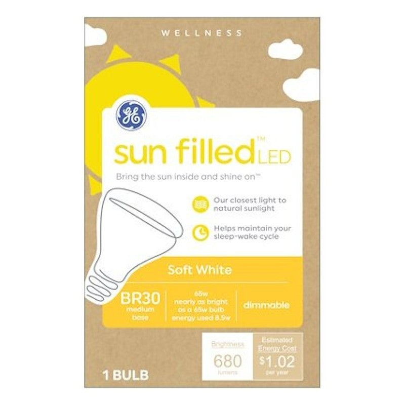 GE Sun Filled 93129186 LED Light Bulb, BR30 Lamp, 65 W Equivalent, E26 Medium Lamp Base, Dimmable, White