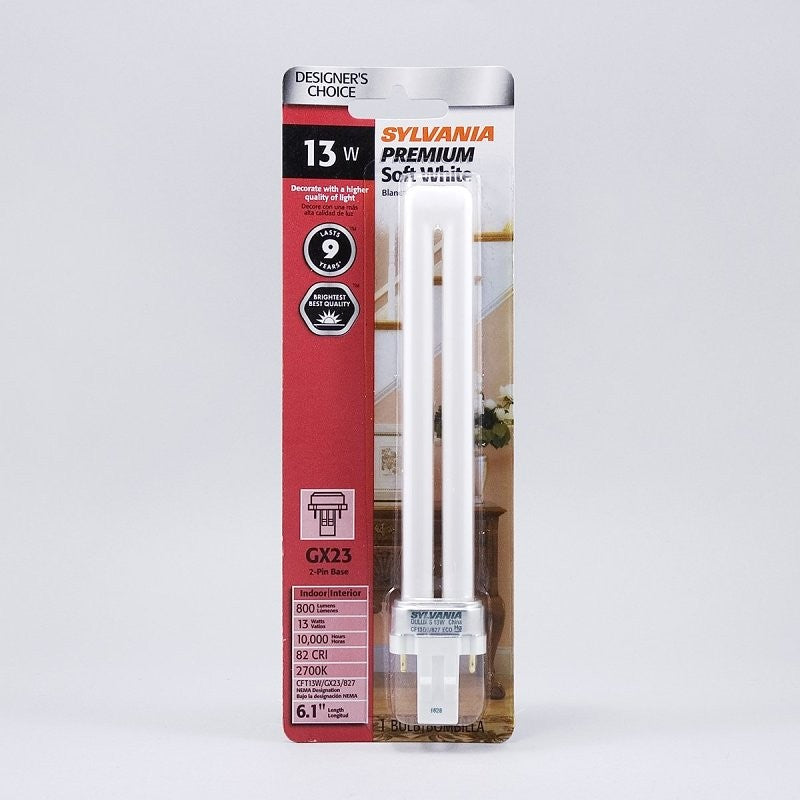 Sylvania 20491 Compact Fluorescent Bulb, 13 W, T4 Lamp, GX23 Lamp Base, 820 Lumens, 2700 K Color Temp, Soft White Light
