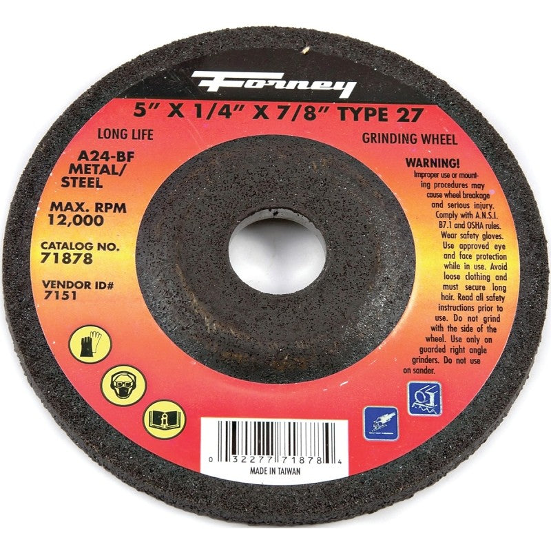 Forney 71878 Grinding Wheel, 5 in Dia, 1/4 in Thick, 7/8 in Arbor, 24 Grit, Coarse, Aluminum Oxide Abrasive