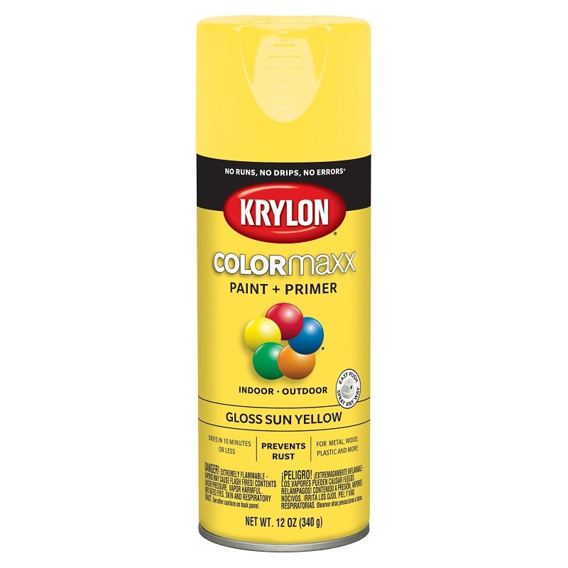 Krylon K05541007 Enamel Spray Paint, 12 oz Can, 25 sq-ft Coverage Area, Solvent Base, Gloss, Sun Yellow