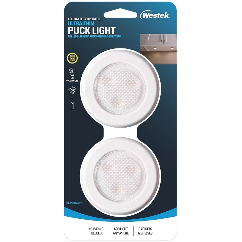 Westek BL-PUTN-W2 Compact Ultra-Thin Puck Light, 12 V, AAA Battery, 1-Lamp, LED Lamp, 50 Lumens, White, 2/CD