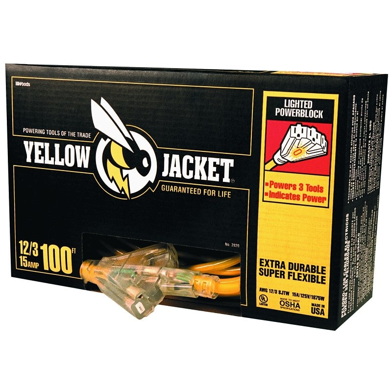 CCI 2820 Power Block, 100 ft L, 3 -Outlet, 15 A, 125 V, Yellow Sheath