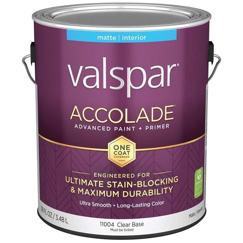 Valspar Accolade 1100 028.0011004.007 Latex Paint, Acrylic Base, Matte, Clear Base, 1 gal, Plastic Can (Pack of 4)