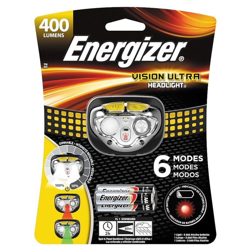 Energizer HDE32E Headlight, AAA Battery, LED Lamp, 400 Lumens, 80 m Beam Distance, 2 hr Run Time, Gray