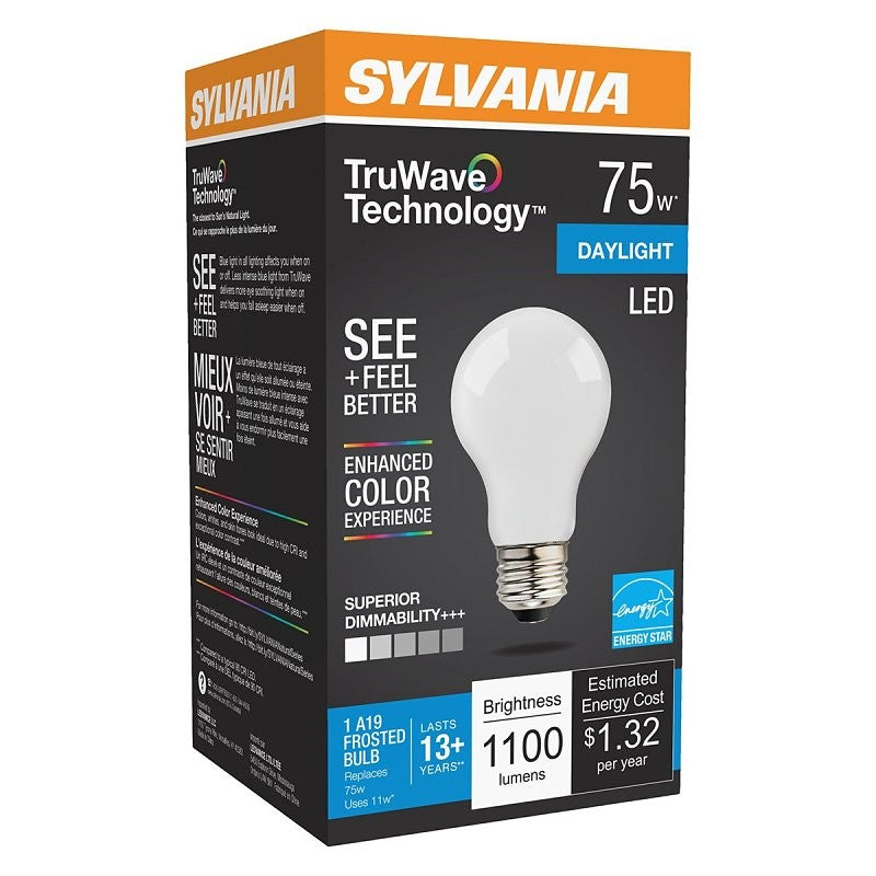 Sylvania 40727 LED Bulb, General Purpose, A19 Lamp, 75 W Equivalent, E26 Lamp Base, Dimmable, Frosted, Daylight Light (Pack of 6)