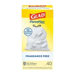 Glad ForceFlex 79224 Fragrance-Free Kitchen Trash Bag, 13 gal, Plastic, White