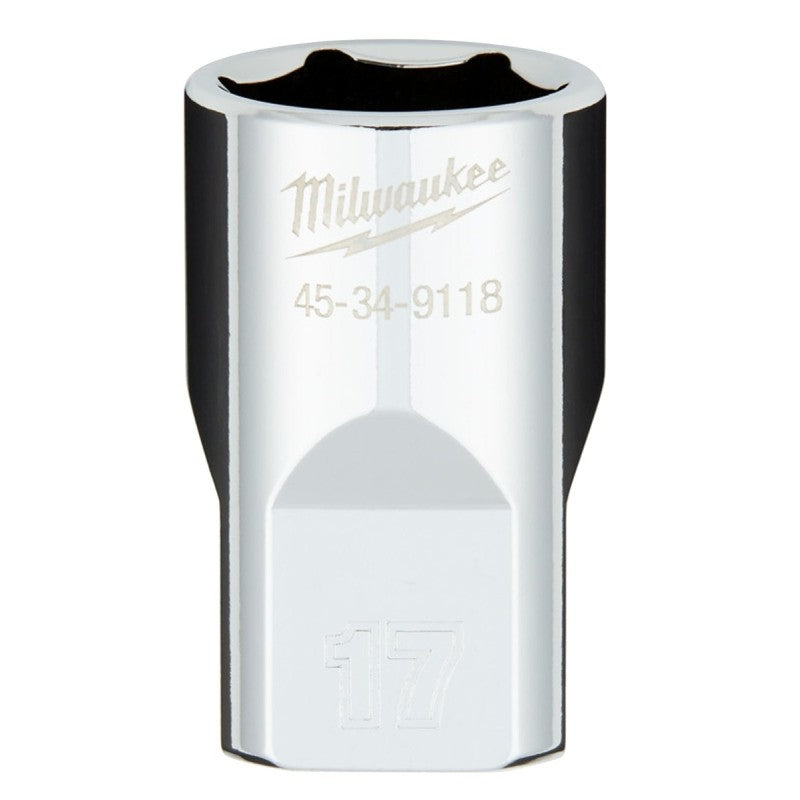 Milwaukee 45-34-9118 Socket, 17 mm Socket, Standard Socket, 1/2 in Drive, 6-Point, Chrome Vanadium Steel, Chrome