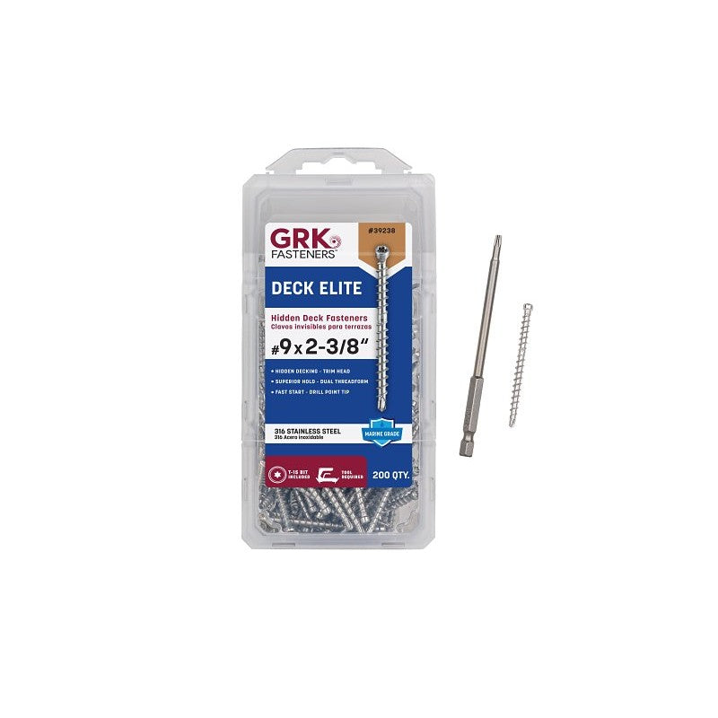 GRK Fasteners Deck Elite Series 39238 Hidden Deck Fastener, #9 Thread, 2-3/8 in L, Dual Thread, Trim Head, Star Drive