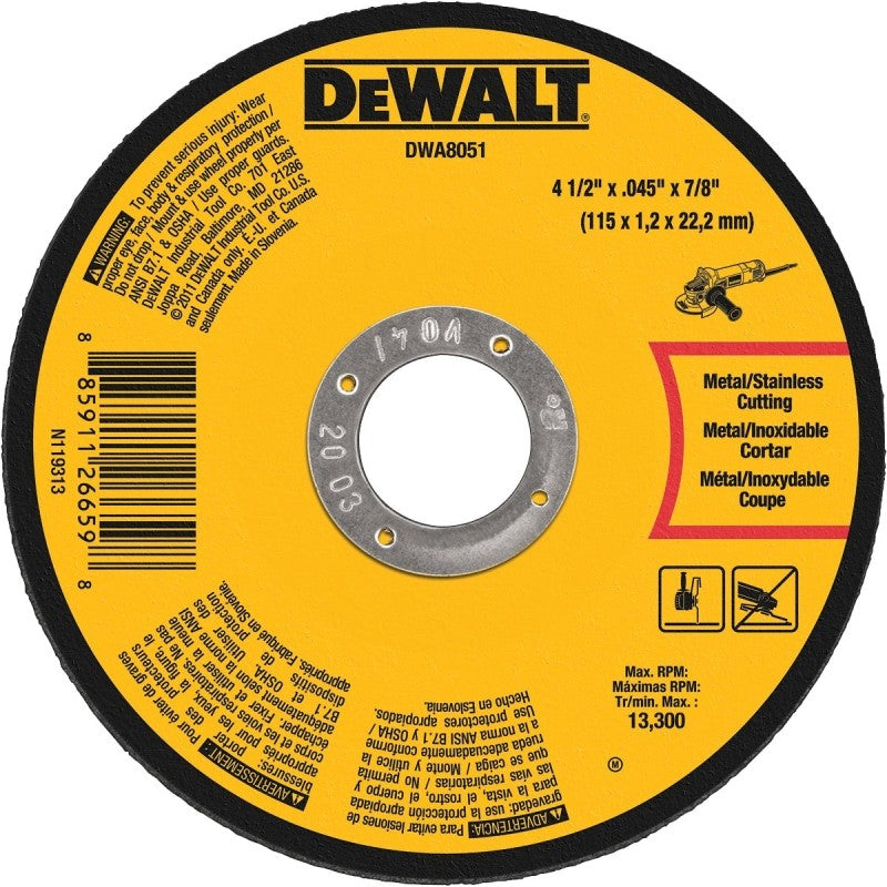 DEWALT DWA8051 Cutting Wheel, 4-1/2 in Dia, 0.45 in Thick, 7/8 in Arbor, Medium, Aluminum Oxide Abrasive (Pack of 25)