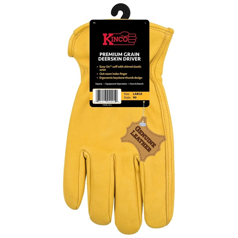 Kinco 90-L Gloves, Men's, L, Keystone Thumb, Easy-On Cuff, Deerskin Leather, Gold, Unlined