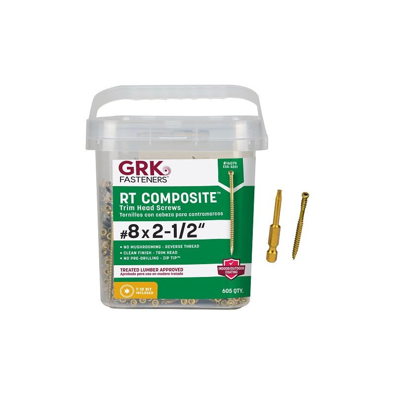 GRK Fasteners RT Series 16079 Screw, #8 Thread, 2-1/2 in L, Reverse Thread, Trim Head, Star Drive, Steel, 605 PAIL