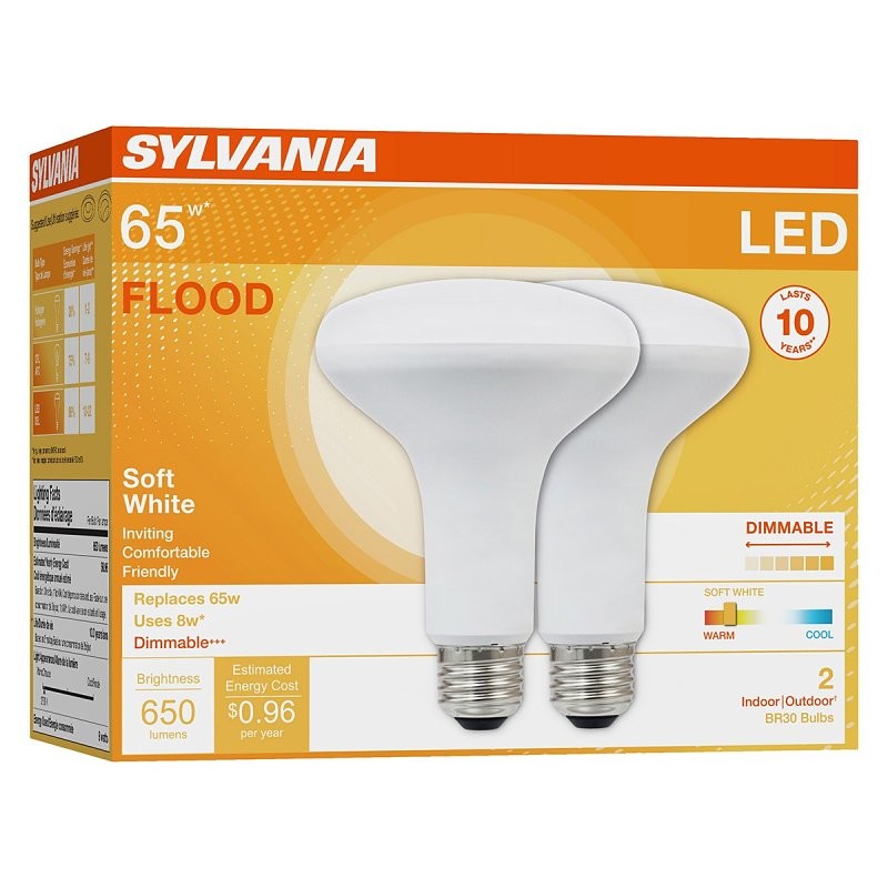 Sylvania 73954 LED Bulb, Flood/Spotlight, BR30 Lamp, 65 W Equivalent, E26 Lamp Base, Dimmable, Warm White Light