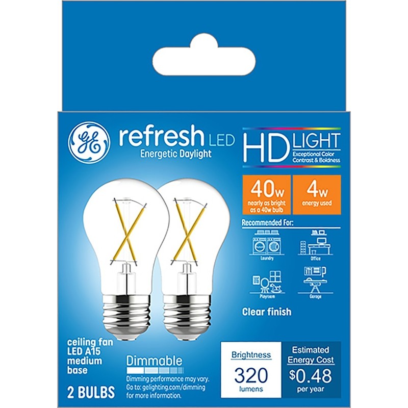GE Refresh 31339 Replacement Bulb, A15 Lamp, 40 W Equivalent, Medium Lamp Base, Dimmable, Clear, Daylight