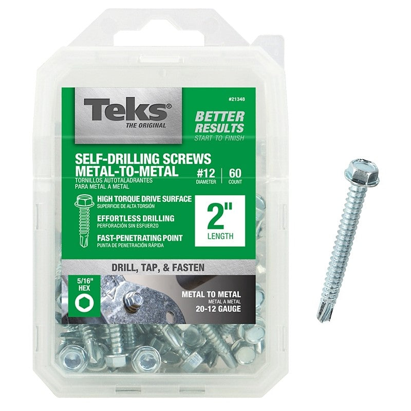 Teks 21348 Screw, #12 Thread, 2 in L, Coarse Thread, Hex Drive, Self-Drilling, Self-Tapping Point, Steel, Zinc