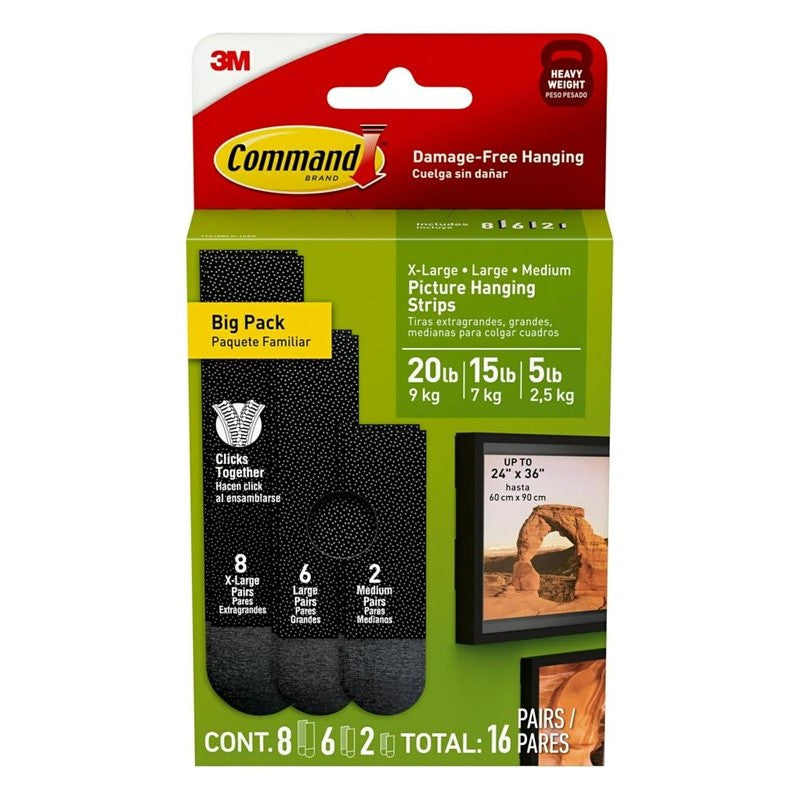 Command 17218BLK-16ES Picture Hanging Strip, 20 lb, Foam, Black, Adhesive