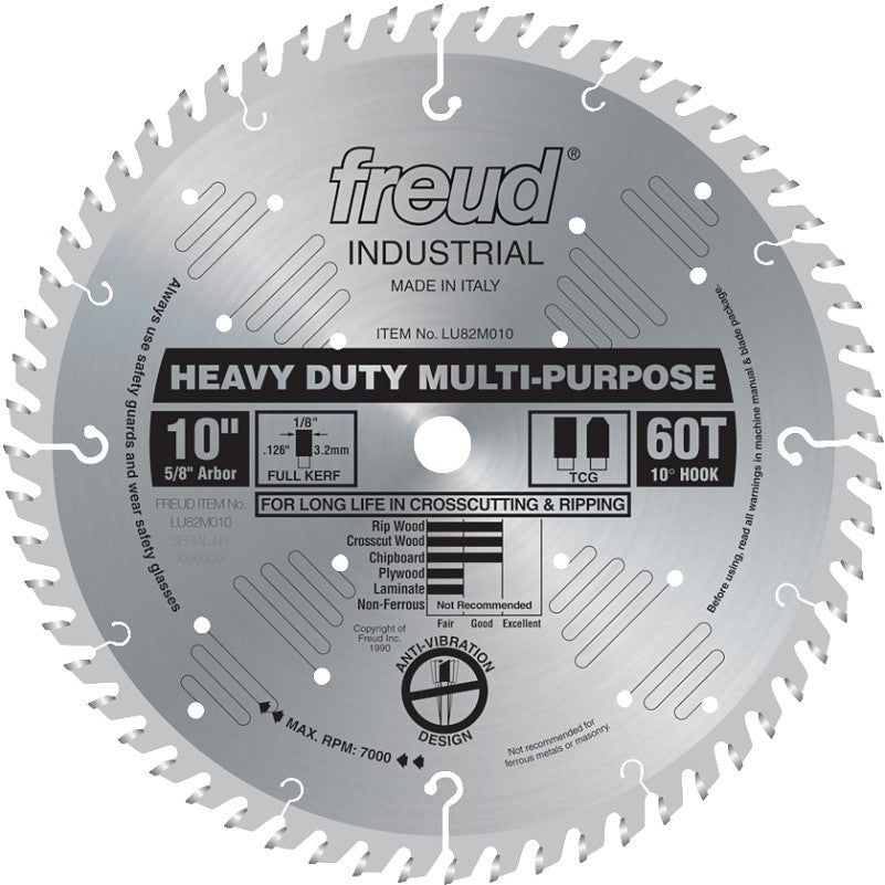 Freud LU82M010 Circular Saw Blade, 10 in Dia, 5/8 in Arbor, 60-Teeth, Carbide Cutting Edge, 7000 rpm