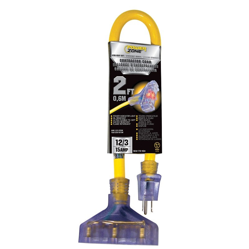 PowerZone ORADL611802 Contractor Extension Cord, 12 AWG Cable, 2 ft L, 125 V, Yellow