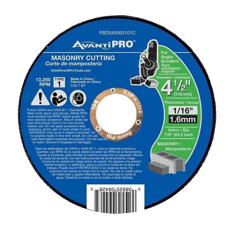 Avanti Pro PBD045063101C Cut-Off Wheel, 4-1/2 in Dia, 1/16 in Thick, 7/8 in Arbor
