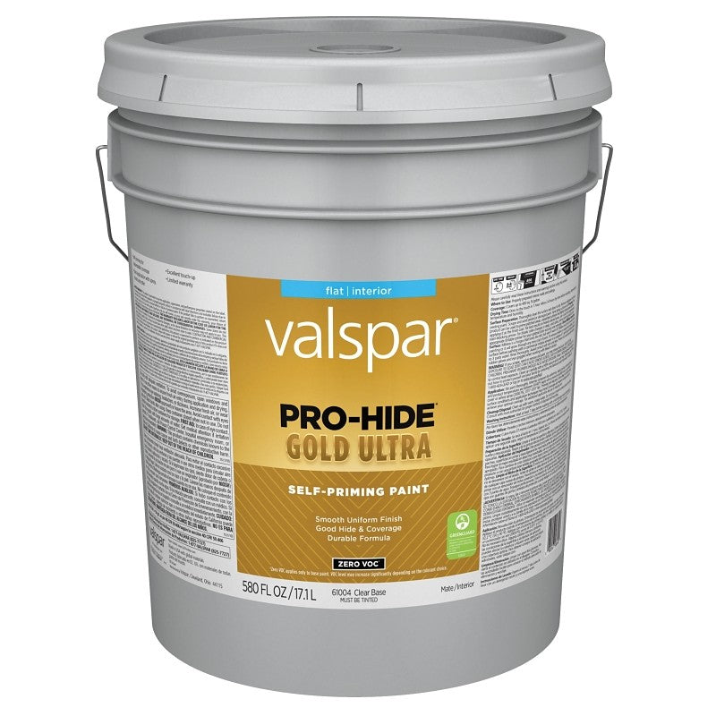Valspar Pro-Hide Gold Ultra 6100 028.0061004.008 Latex Paint, Acrylic Base, Flat, Clear Base, 5 gal