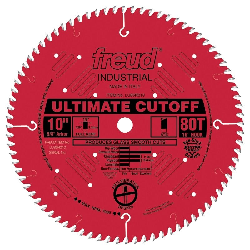 Freud LU85R010 Circular Saw Blade, 10 in Dia, 5/8 in Arbor, 80-Teeth, Carbide Cutting Edge, 7000 rpm