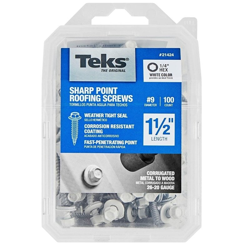 Teks 21424 Roofing Screw, 1-1/2 in L, Coarse Thread, Washer Head, Hex Drive, Sharp Point, Steel, Zinc-Plated, 100