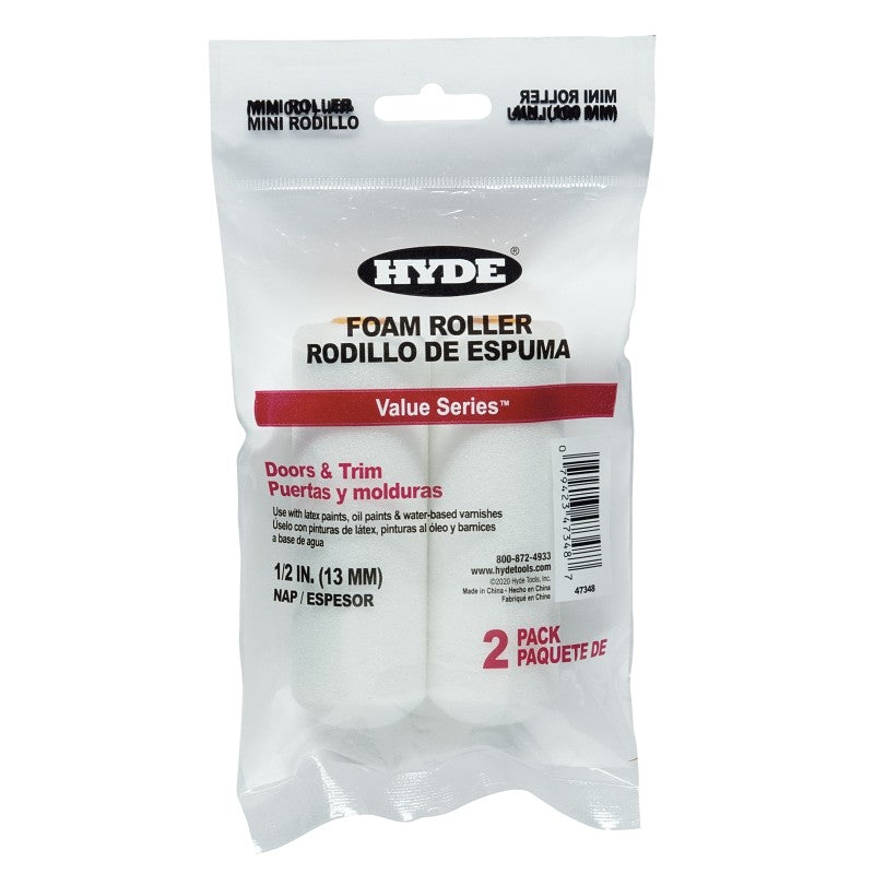 Hyde Value Series 47348 Mini Roller, 1/2 in Thick Nap, 4 in L, Foam Cover, 2/PK