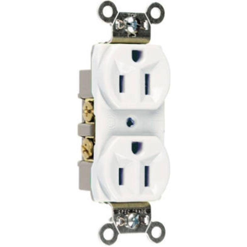 Pass & Seymour CRB5262WCC12 Duplex Receptacle, Brass/Nylon/PVC/Steel, White, 2-Pole, 15 A, 125 V, 3-Wire