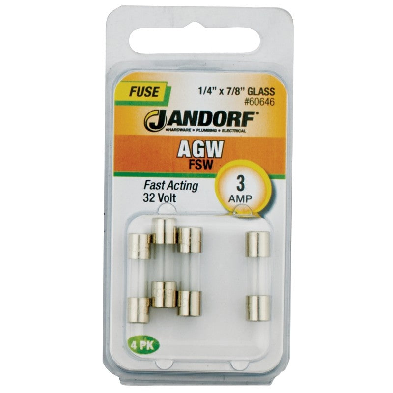 Jandorf 60646 Fast Acting Fuse, 3 A, 32 V, 10 kA Interrupt, Glass Body