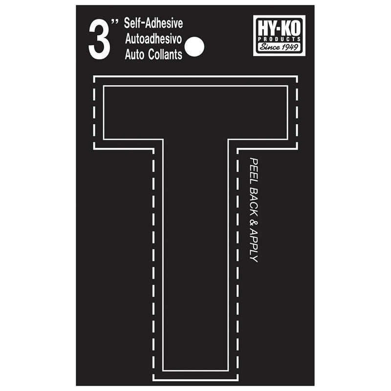 Hy-Ko 30400 Series 30430 Die-Cut Letter, Character: T, 3 in H Character, Black Character, Vinyl (Pack of 10)