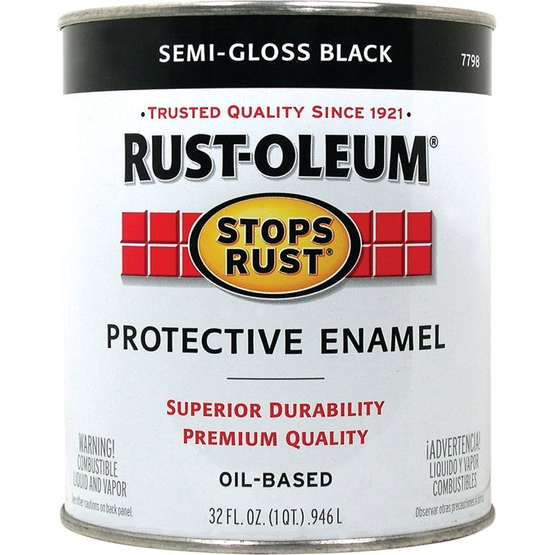 Rust-Oleum Stops Rust 7798502 Enamel Paint, Oil, Semi-Gloss, Black, 1 qt, Can, 50 to 100 sq-ft/qt Coverage Area
