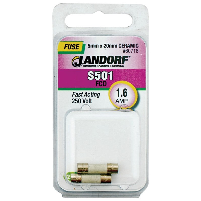 Jandorf 60718 Fast Acting Fuse, 0.11 Ohm, 1.6 A, 250 V, 1500 A Interrupt, Ceramic Body