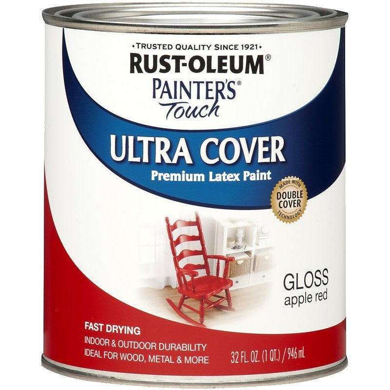 Rust-Oleum 1966502 Enamel Paint, Water, Gloss, Apple Red, 1 qt, Can, 120 sq-ft Coverage Area