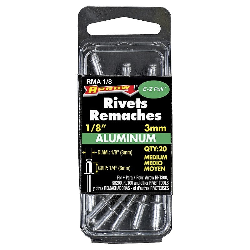 Arrow RMA1/8 Pop Rivet, Medium, 1/4 in Grip, 1/4 in L, Aluminum, Silver, 20/PK