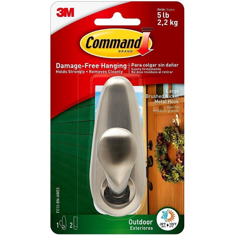 Command FC13-BN-AWES Large Outdoor Hook, 5 lb, 1-Hook, Metal, Brushed Nickel