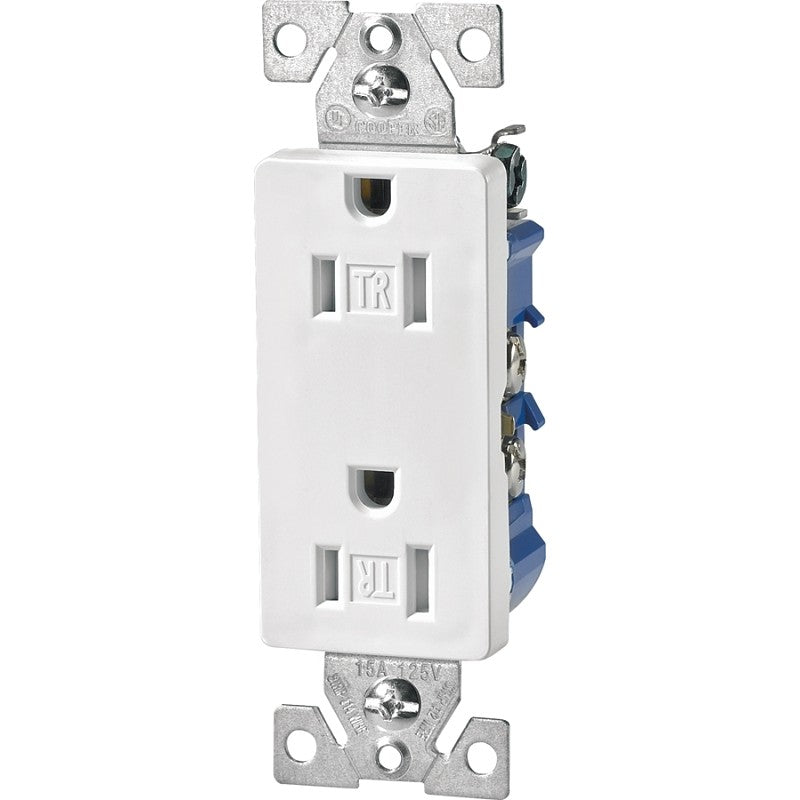Eaton Wiring Devices TR1107W Duplex Receptacle, PVC, White, 2-Pole, 15 A, 3-Wire, Push-in, Side Wiring, NEMA: 5-15R