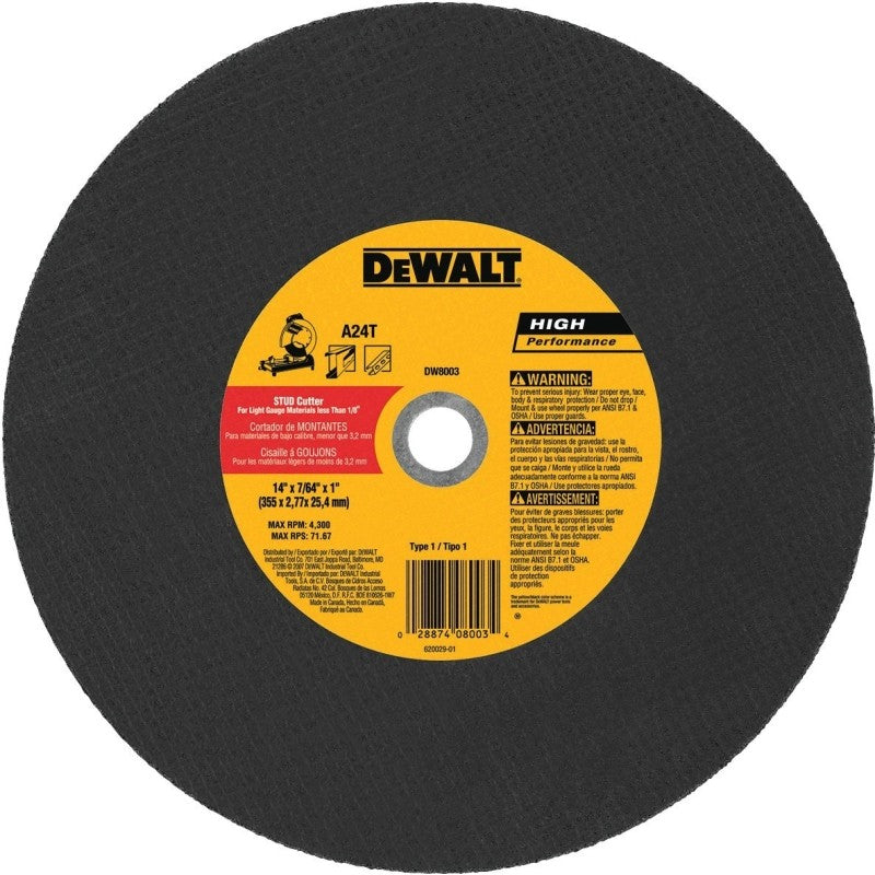 DEWALT DW8003 Cutting Wheel, 14 in Dia, 7/64 in Thick, 1 in Arbor, Aluminum Oxide Abrasive, Coarse