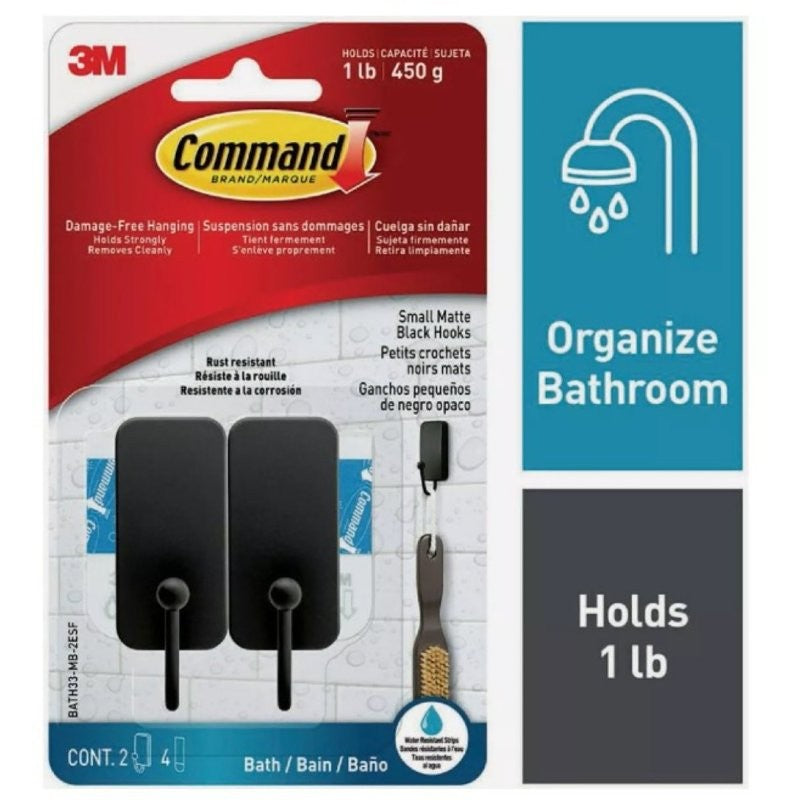 Command BATH33-MB-2ESF Small Bath Hook, 1 lb, 2-Hook, Metal, Matte Black