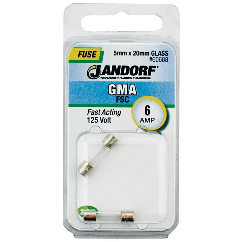 Jandorf 60688 Fast Acting Fuse, 6 A, 125 V, 10 kA Interrupt, Glass Body