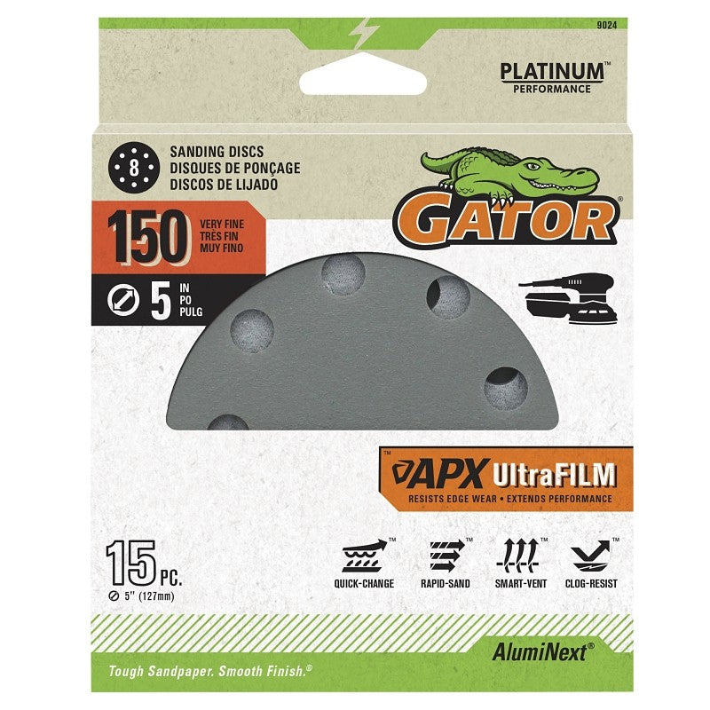 Gator Shopsmith 9024 Sanding Disc, 5 in Dia, 180 Grit, Extra Fine, Aluminum Oxide Abrasive, Film Backing, Vented