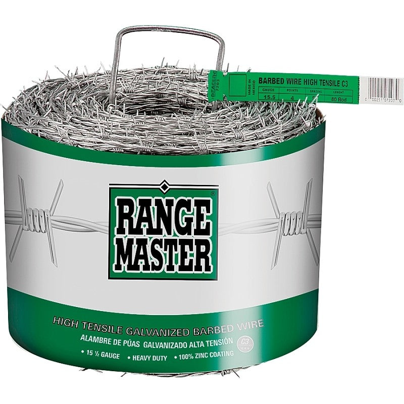 Rangemaster Class 3 7203 Barbed Wire, 1320 ft L, 15-1/2 Gauge, 5 in Points Spacing, Zinc