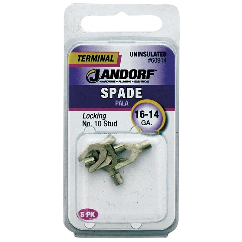 Jandorf 60914 Spade Terminal, 600 V, 16 to 14 AWG Wire, #10 Stud, Copper Contact, Tin, 5/PK