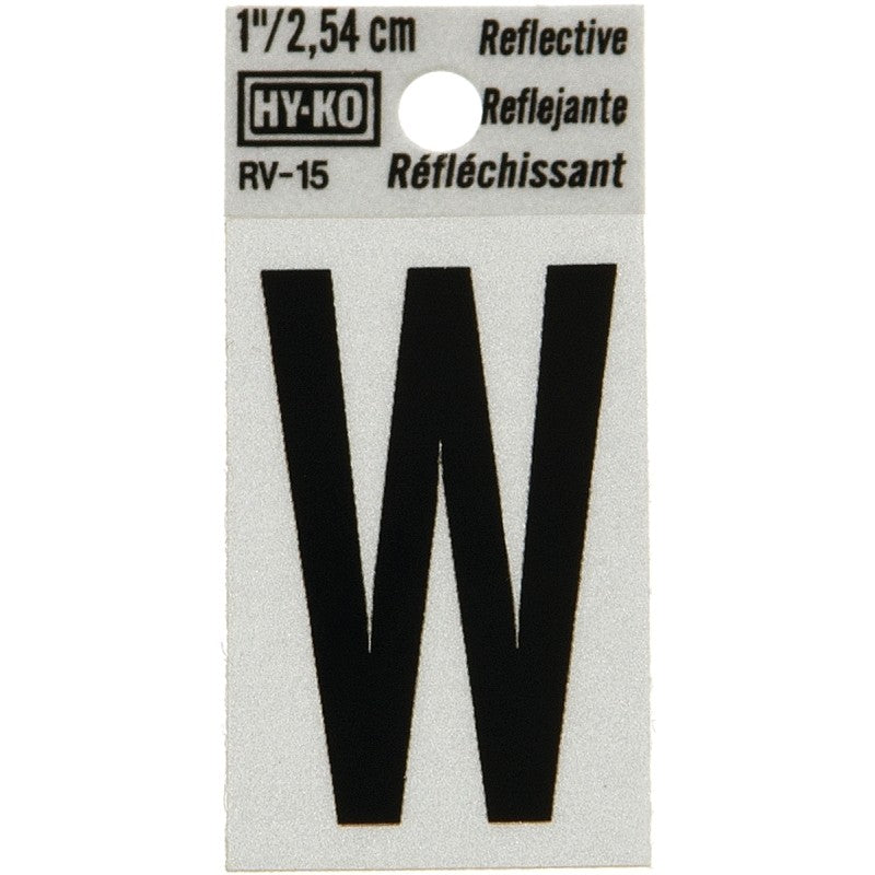 Hy-Ko RV-15/W Reflective Letter, Character: W, 1 in H Character, Black Character, Silver Background, Vinyl (Pack of 10)
