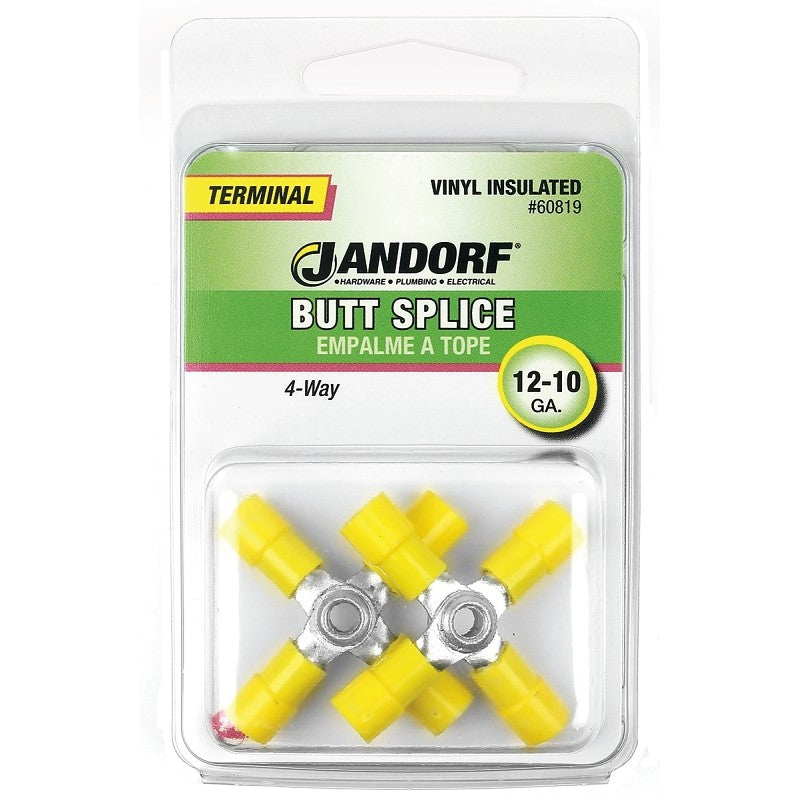 Jandorf 60819 Butt Splice Connector, 12 to 10 AWG Wire, Vinyl Insulation, Copper Contact, Yellow, 2/PK