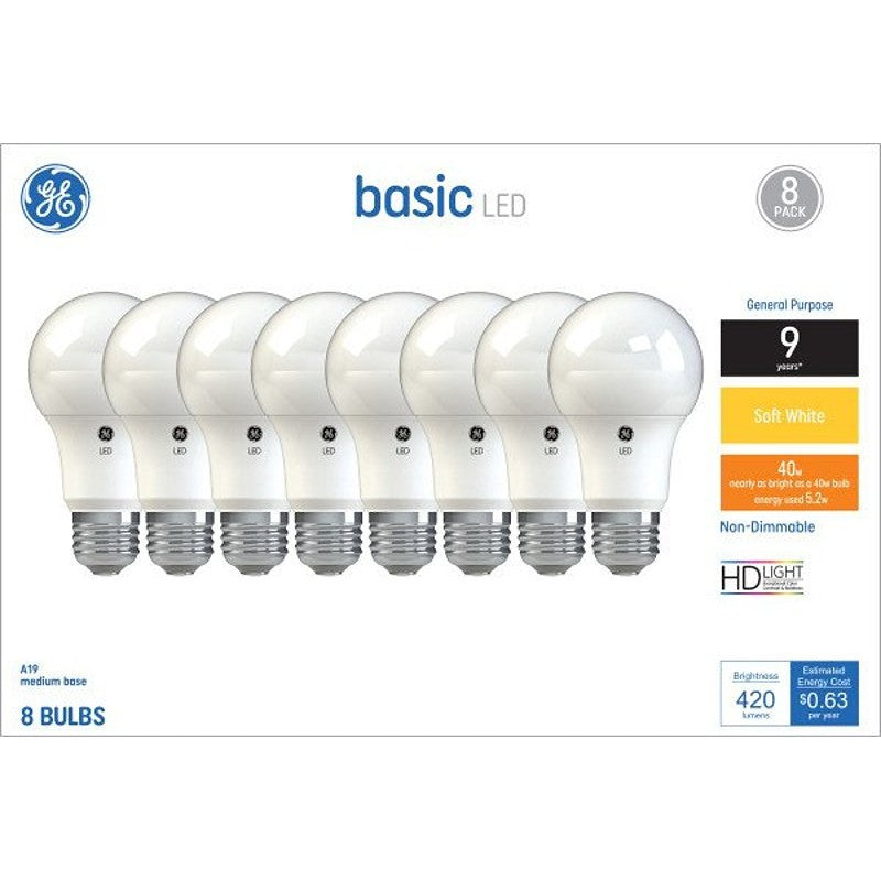 GE 37033 LED Light Bulb, A19 Lamp, 40 W Equivalent, E26 Medium Screw Lamp Base, No, Diffuse, Soft White