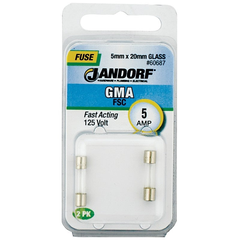 Jandorf 60687 Fast Acting Fuse, 5 A, 125 V, 10 kA Interrupt, Glass Body