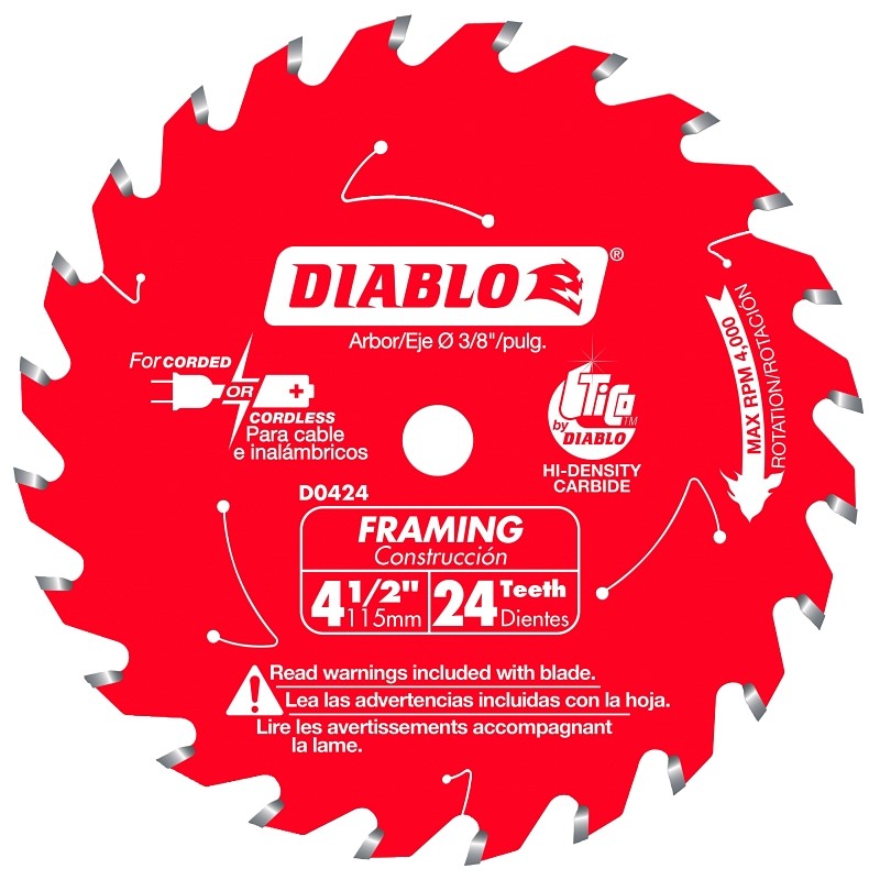 Diablo D0424X Saw Blade, 4-1/2 in Dia, 3/8 in Arbor, 24-Teeth, Applicable Materials: Wood